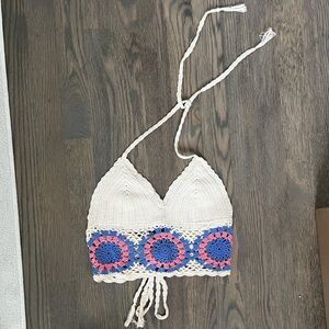 Urban Outfitters Cream Crochet Halter Crop Top with Blue and Pink Accents